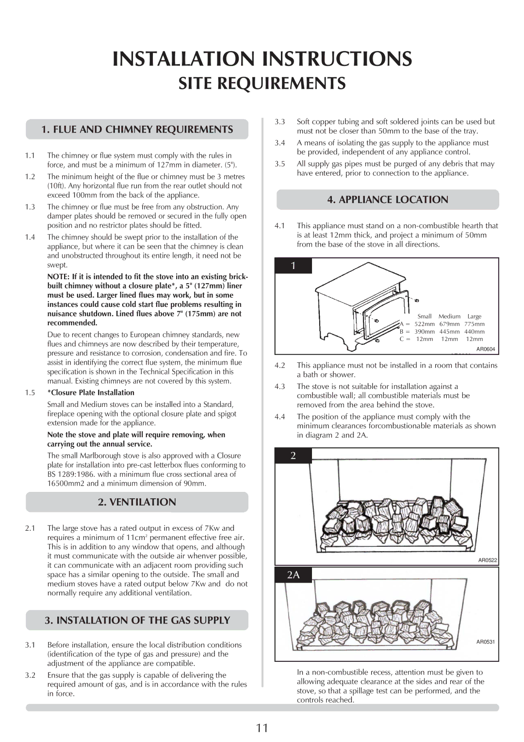 Stovax Stockton 8573 Site Requirements, Flue and Chimney Requirements, Installation of the GAS Supply, Appliance Location 