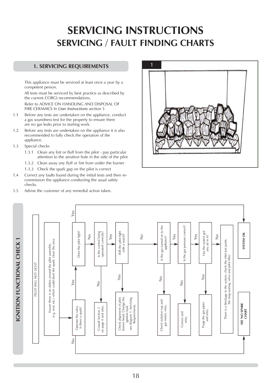 Stovax P8560, Marlborough 8560, P8564, 8574 Servicing Instructions, Servicing / Fault Finding Charts, Servicing Requirements 