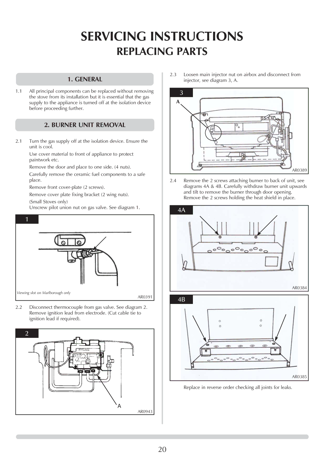 Stovax Marlborough 8560, Stockton 8573, P8564, P8574, P8568, P8573, P8560 manual Replacing Parts, Burner Unit Removal 