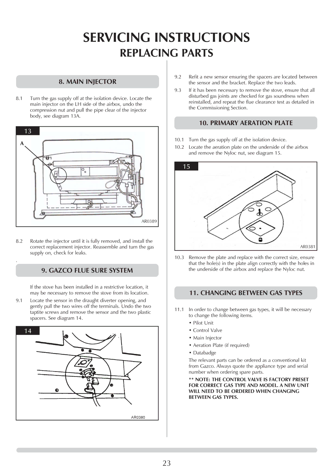 Stovax P8574, Marlborough 8560, Stockton 8573, P8564, P8568 Main Injector, Primary Aeration Plate, Changing Between GAS Types 