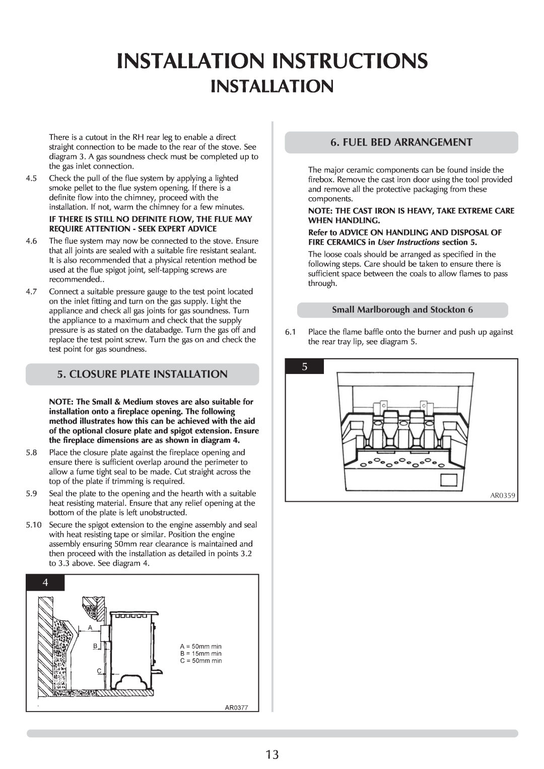 Stovax P8574 Installation Instructions, Closure Plate Installation, Fuel Bed Arrangement, Small Marlborough and Stockton 