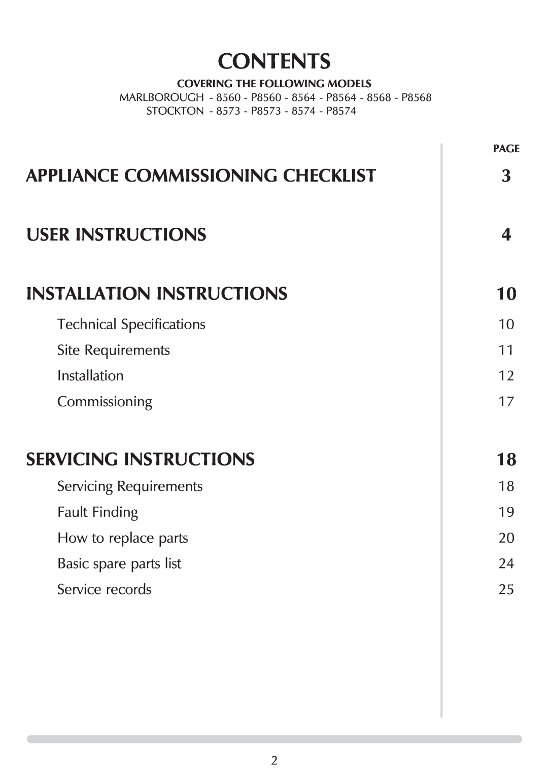 Stovax P8564 Contents, Appliance Commissioning Checklist, User Instructions Installation Instructions, Service records 