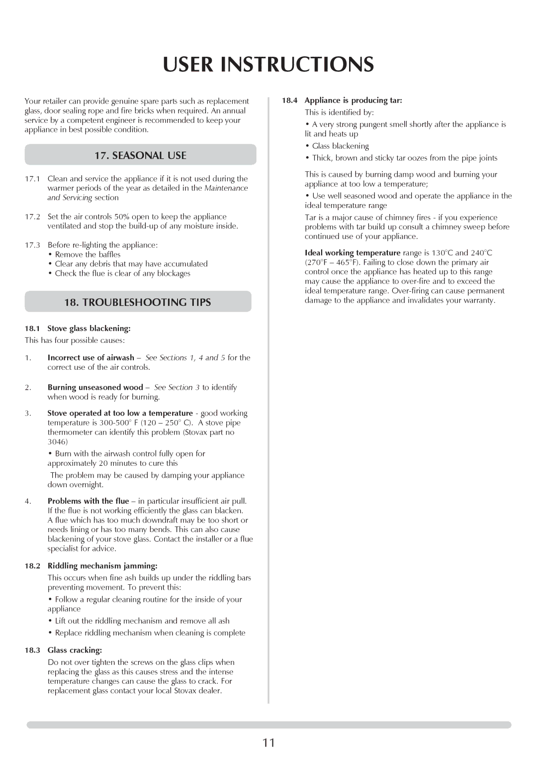 Stovax Medium Wood & Multi-fuel manual Seasonal use, Troubleshooting tips, Riddling mechanism jamming, Glass cracking 