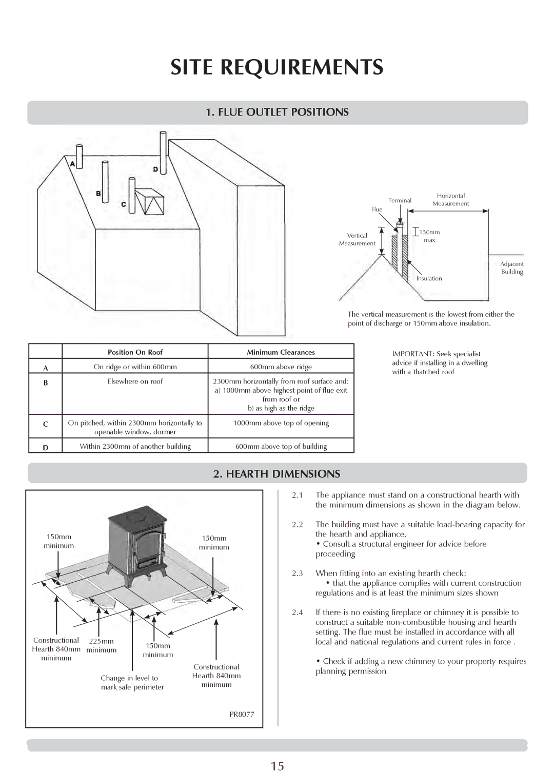 Stovax Medium Wood & Multi-fuel, Midi Wood & Multi-fuel, Large Wood & Multi-fuel Flue Outlet Positions, Hearth Dimensions 