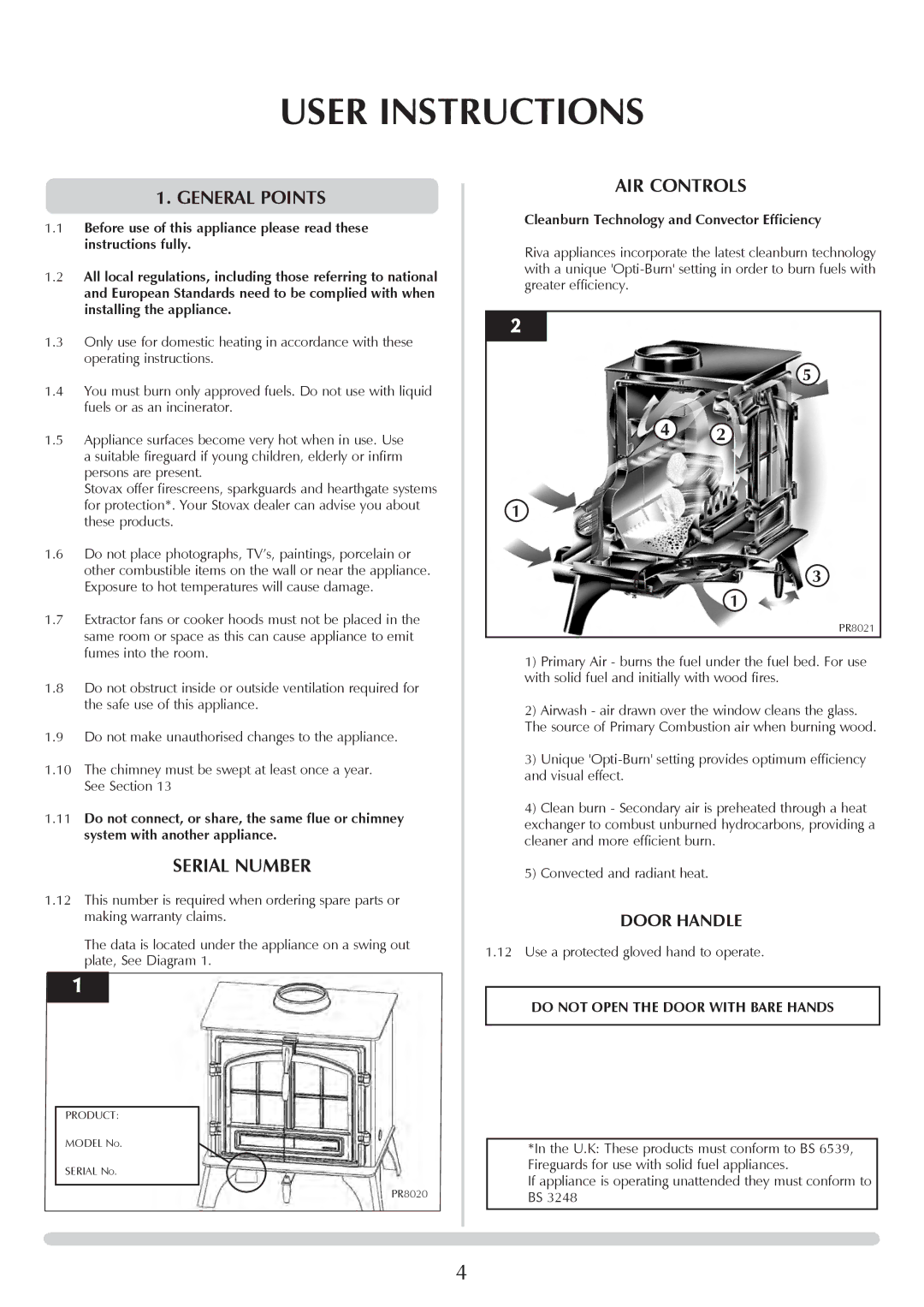 Stovax Midi Wood & Multi-fuel, Large Wood & Multi-fuel manual User Instructions, General Points, Serial Number, AIR Controls 