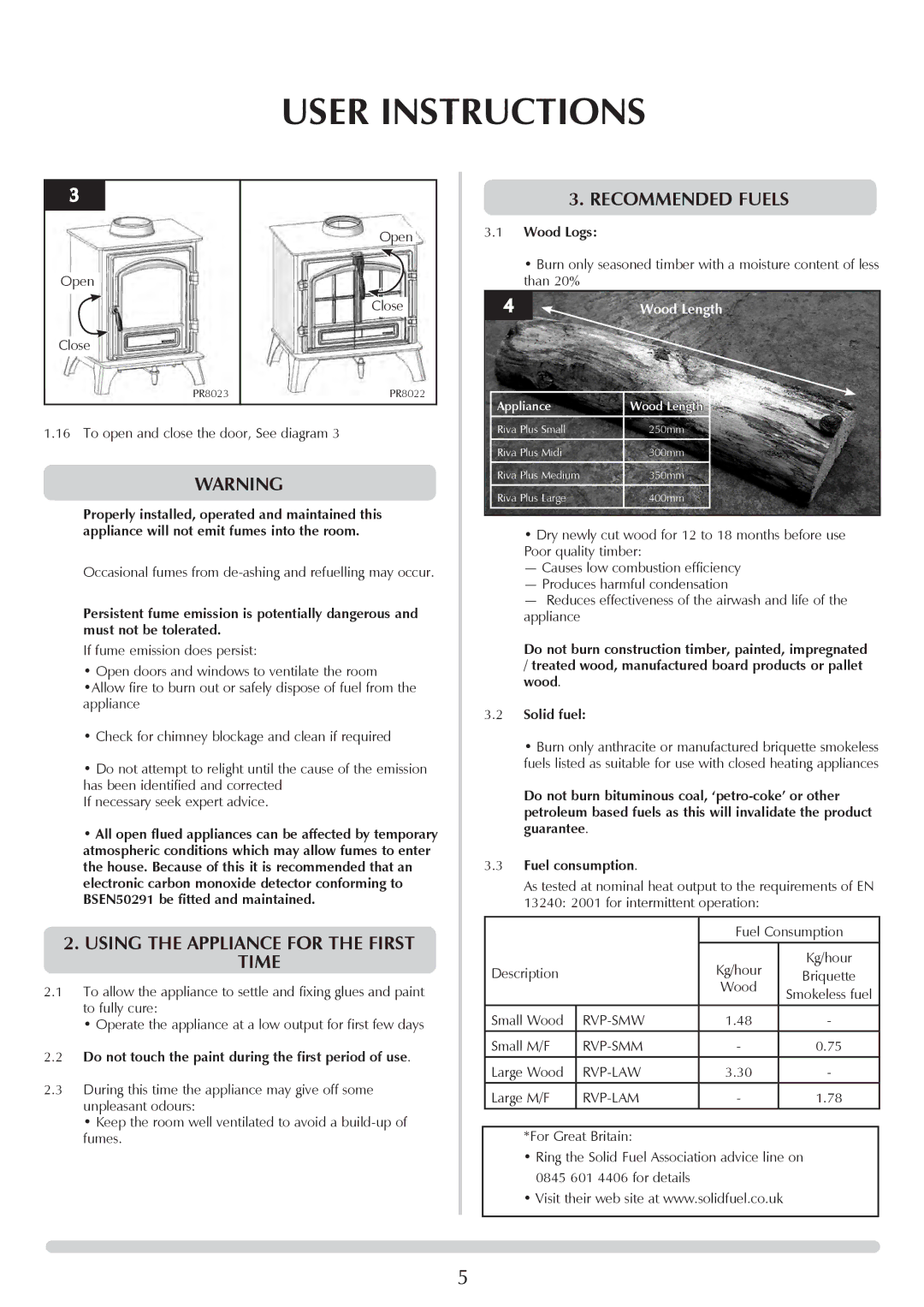 Stovax Large Wood & Multi-fuel manual Using the Appliance for the First Time, Recommended Fuels, Wood Logs 