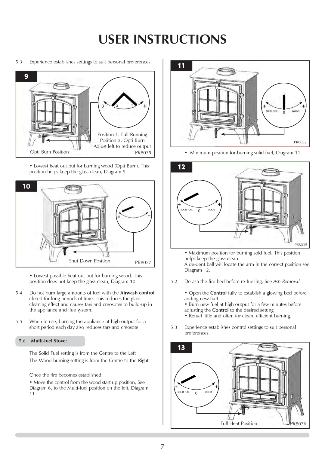 Stovax Medium Wood & Multi-fuel, Midi Wood & Multi-fuel manual Opti Burn Position, PR8035, Multi-fuel Stove 