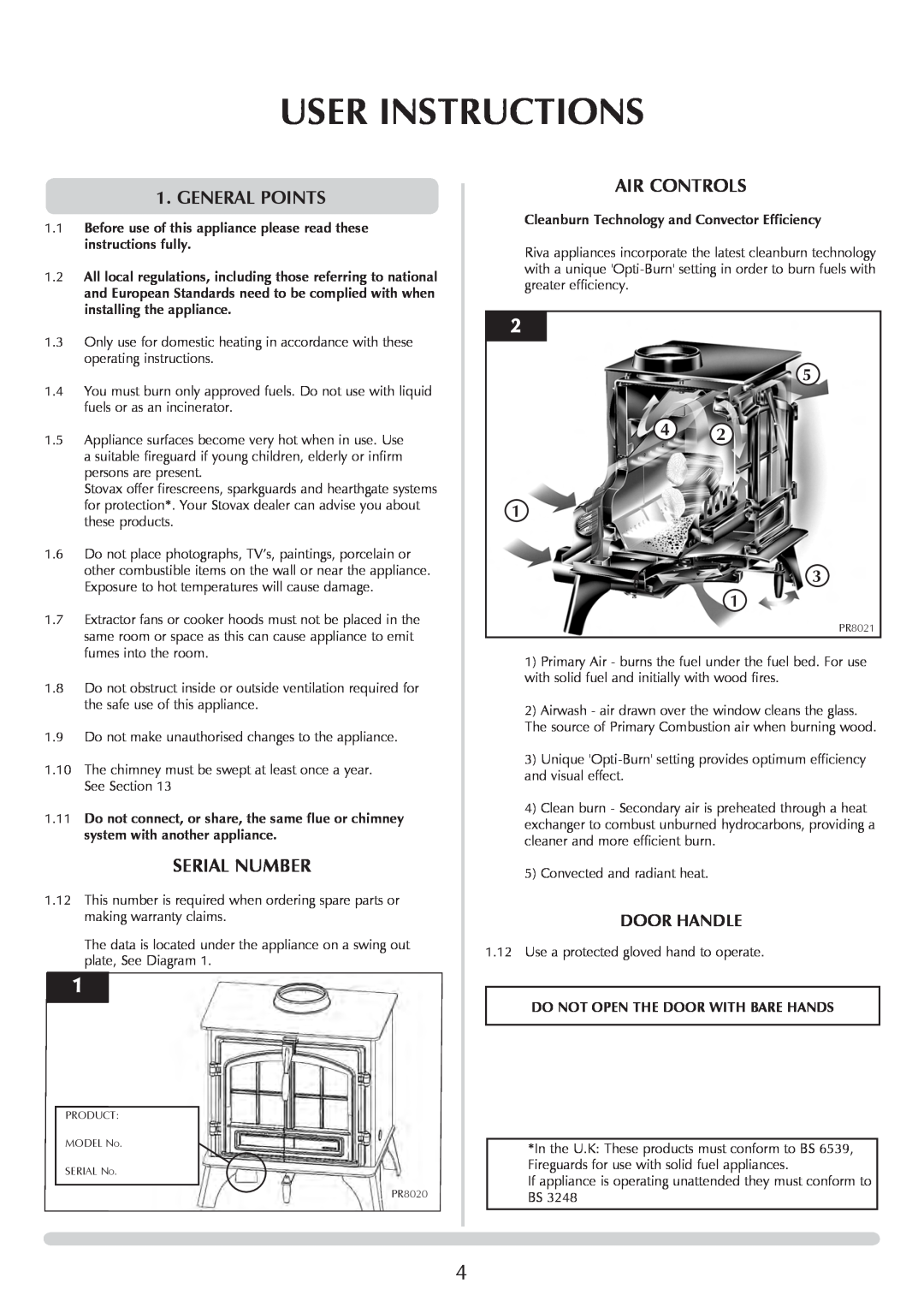 Stovax Midi Wood & Multi-fuel manual User Instructions, General POINTS, Serial Number, Air Controls, Door Handle 