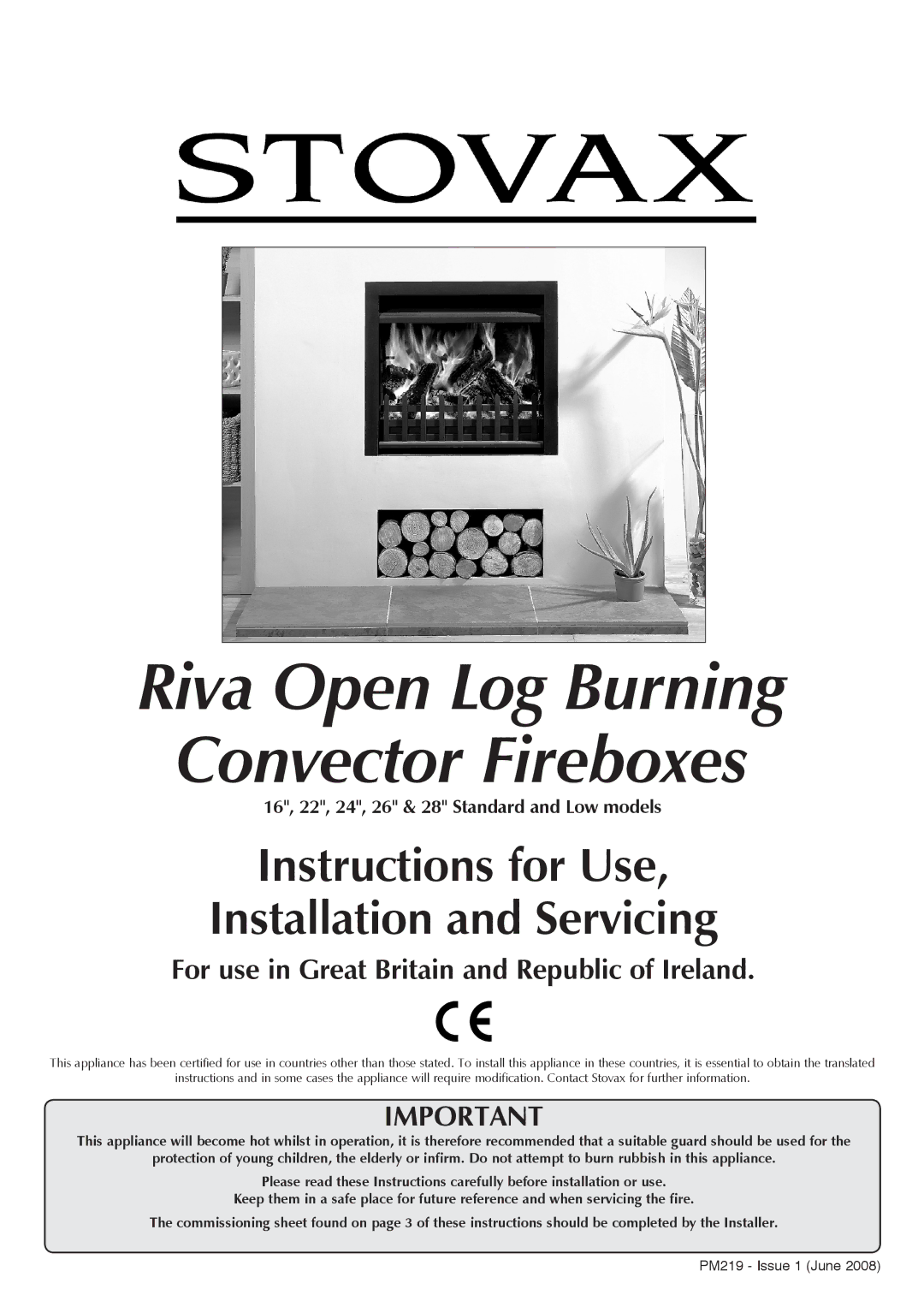 Stovax manual Riva Open Log Burning Convector Fireboxes, 16, 22, 24, 26 & 28 Standard and Low models 