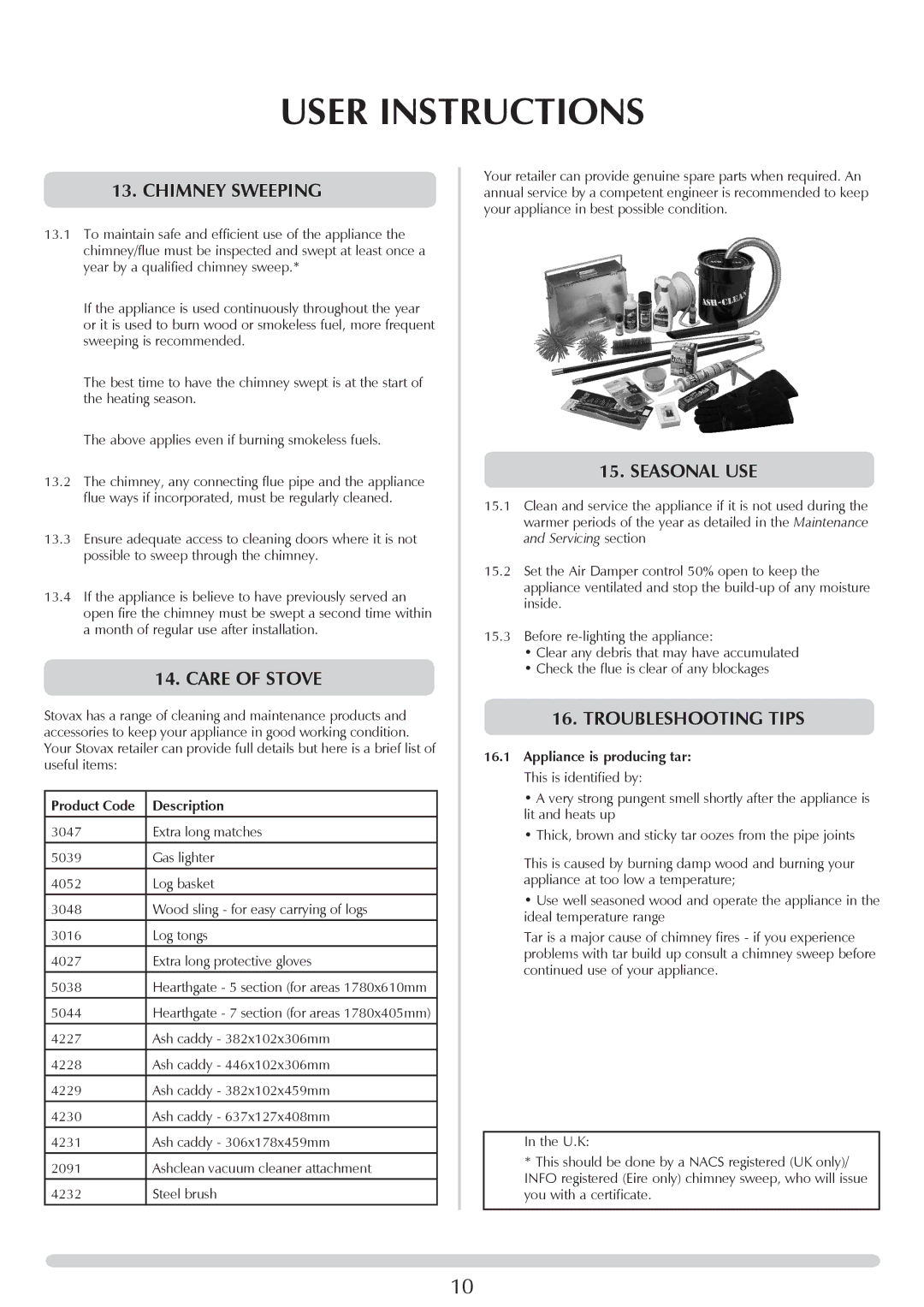 Stovax Open Log Burning Convector Fireboxes manual Chimney Sweeping, Care of stove, Seasonal use, Troubleshooting tips 