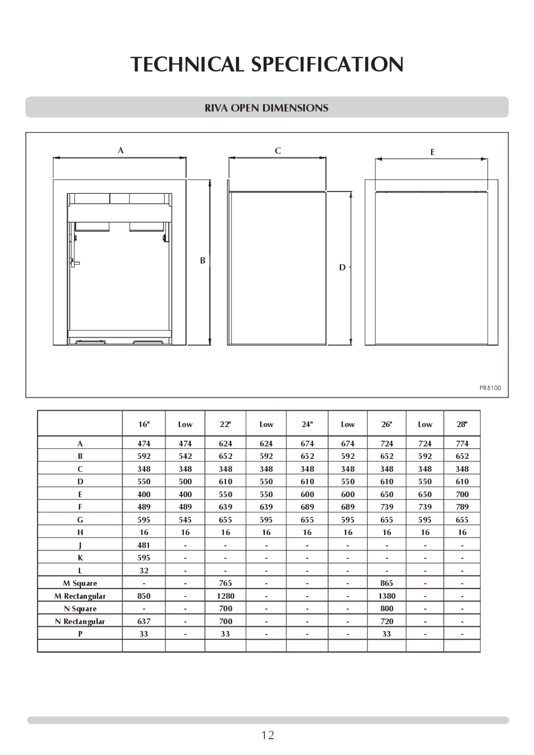 Stovax Open Log Burning Convector Fireboxes manual Riva Open Dimensions, Low 