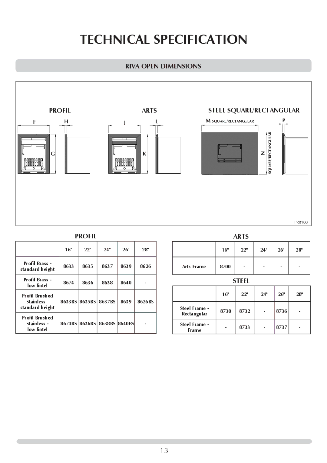 Stovax Open Log Burning Convector Fireboxes manual Riva Open Dimensions Profil Arts, Steel, 8700 