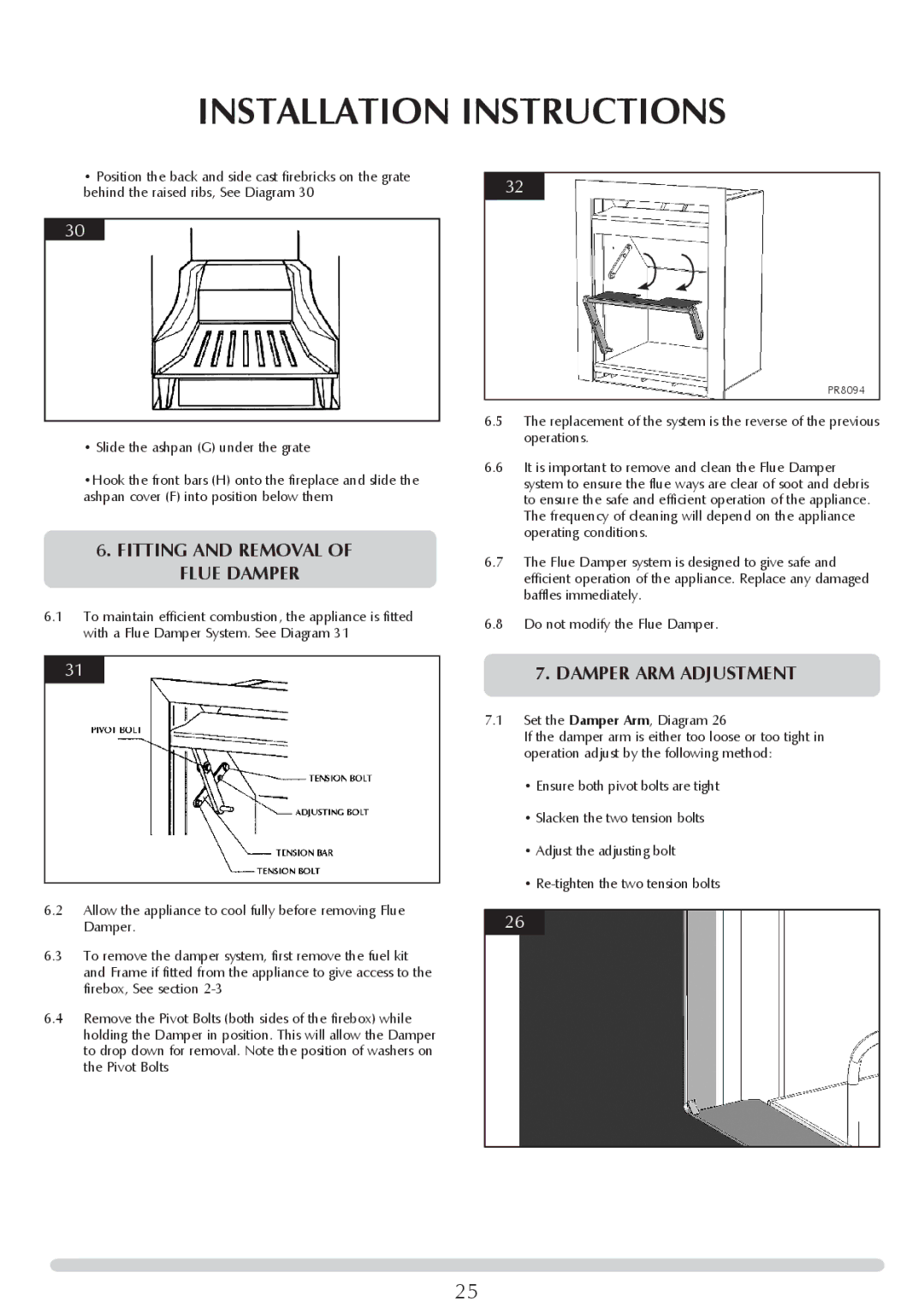 Stovax Open Log Burning Convector Fireboxes manual Fitting and Removal of Flue Damper, Damper arm adjustment 