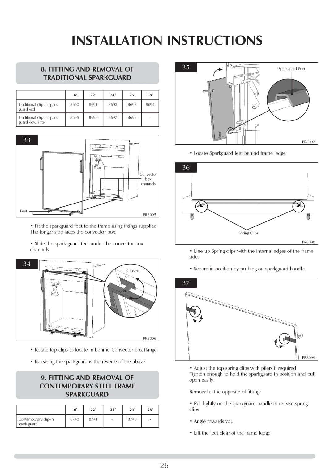 Stovax Open Log Burning Convector Fireboxes manual Fitting and removal of Traditional sparkguard 