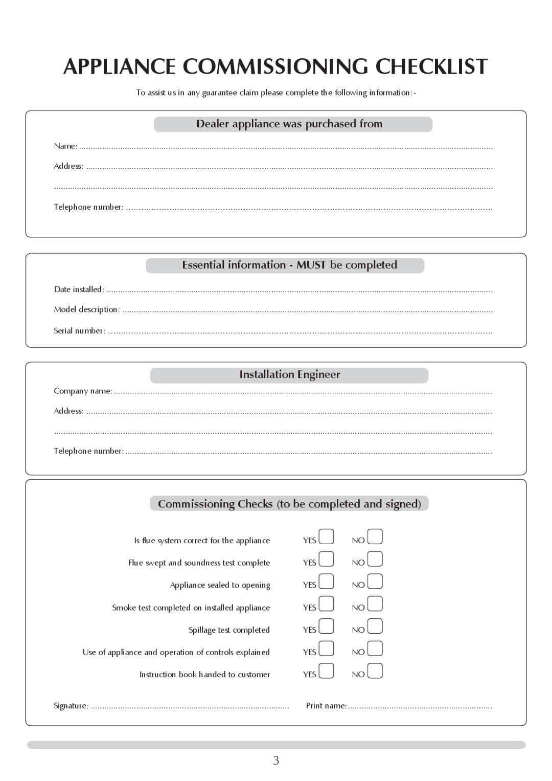 Stovax Open Log Burning Convector Fireboxes manual Appliance Commissioning Checklist, Dealer appliance was purchased from 