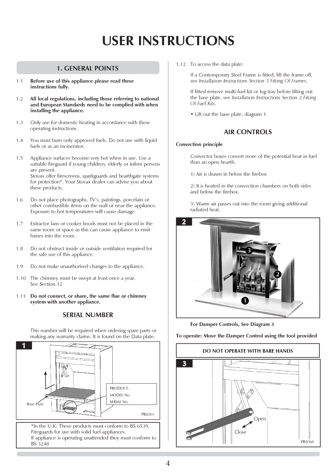 Stovax Open Log Burning Convector Fireboxes manual User Instructions, General Points, Serial Number, AIR Controls 