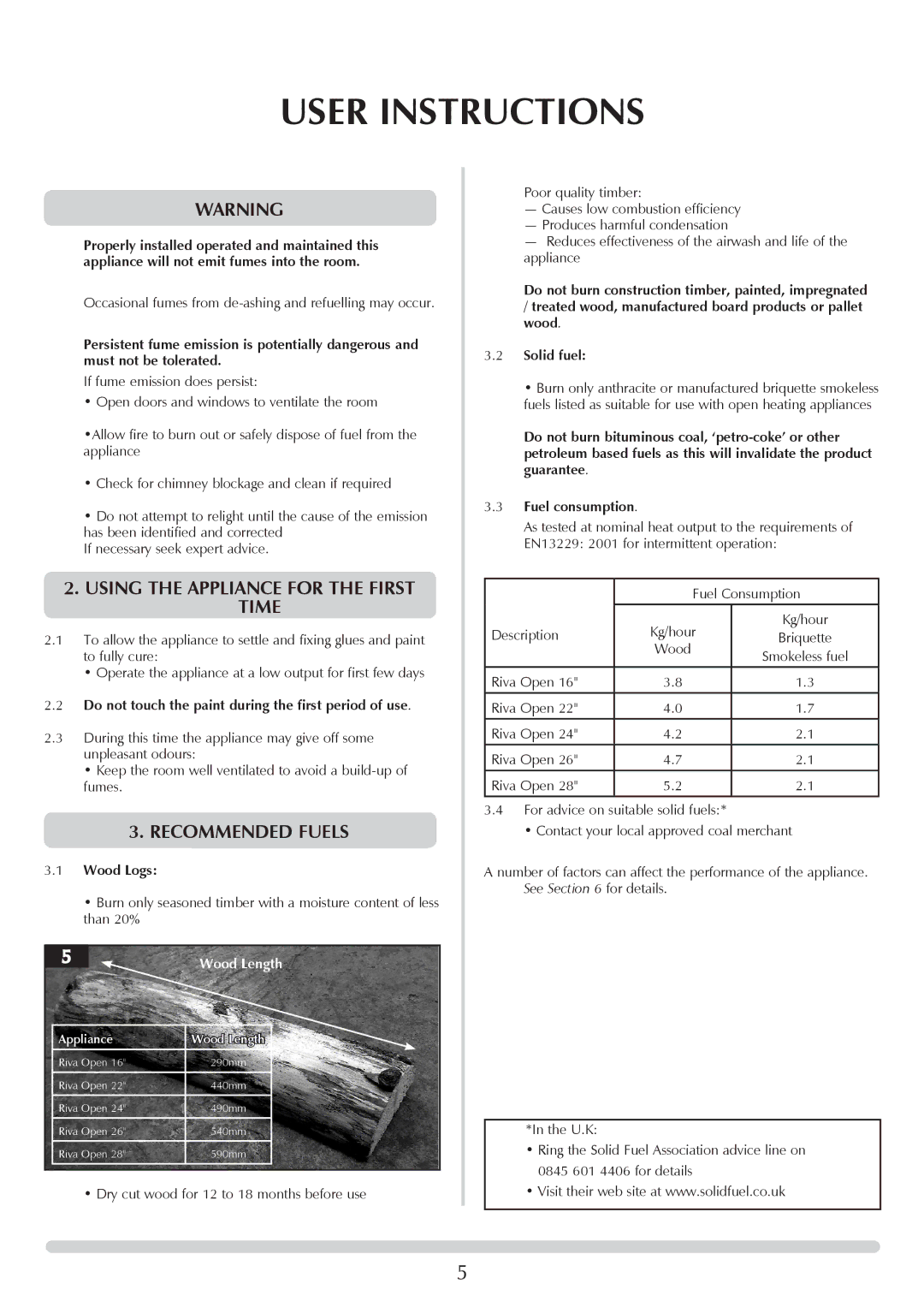 Stovax Open Log Burning Convector Fireboxes manual Using the Appliance for the First Time, Recommended Fuels, Wood Logs 