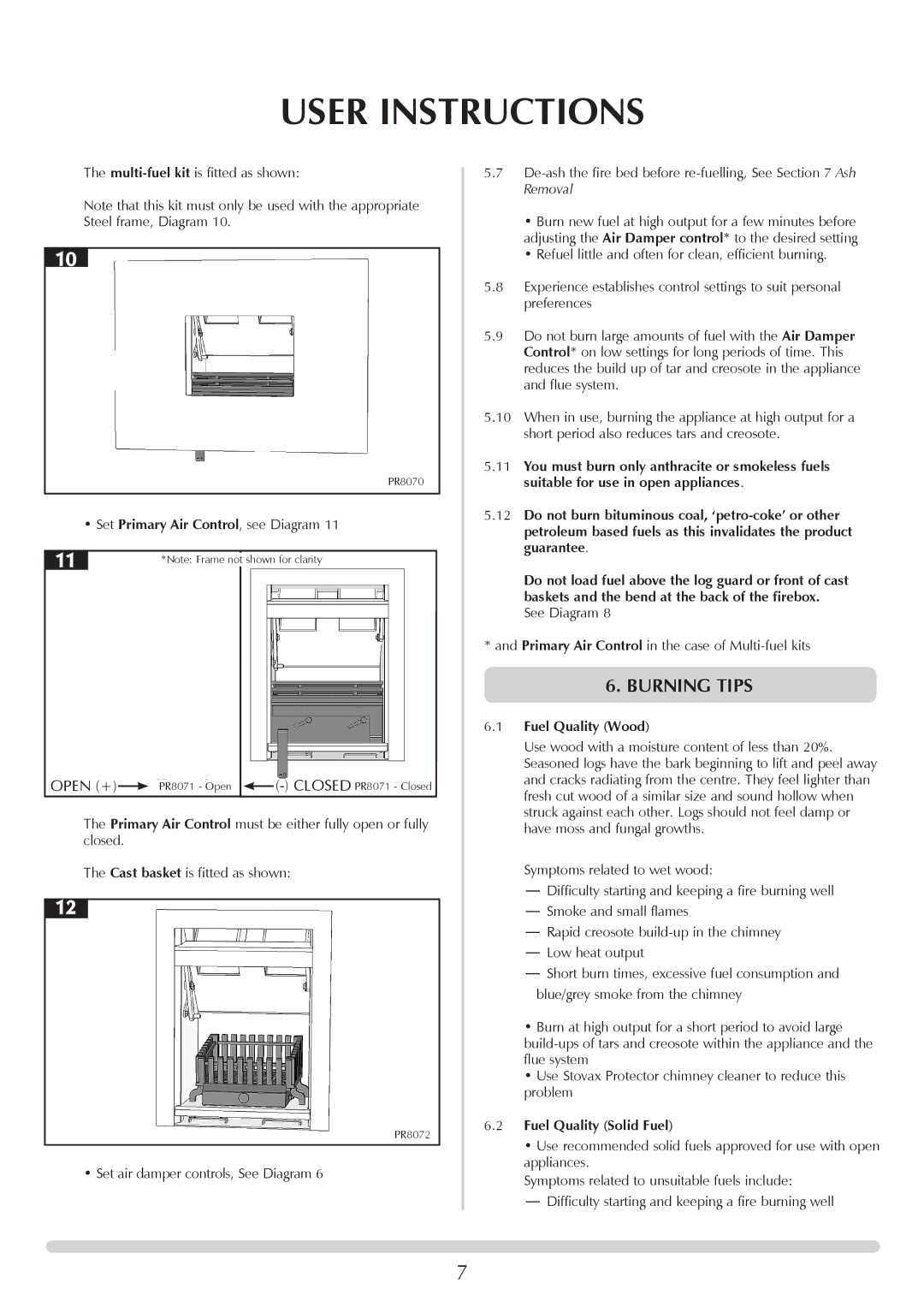 Stovax Open Log Burning Convector Fireboxes manual Burning tips, Fuel Quality Wood, Fuel Quality Solid Fuel 