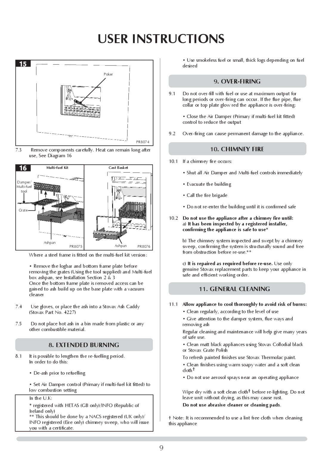 Stovax Open Log Burning Convector Fireboxes manual Over-Firing, Chimney fire, Extended burning, General Cleaning 