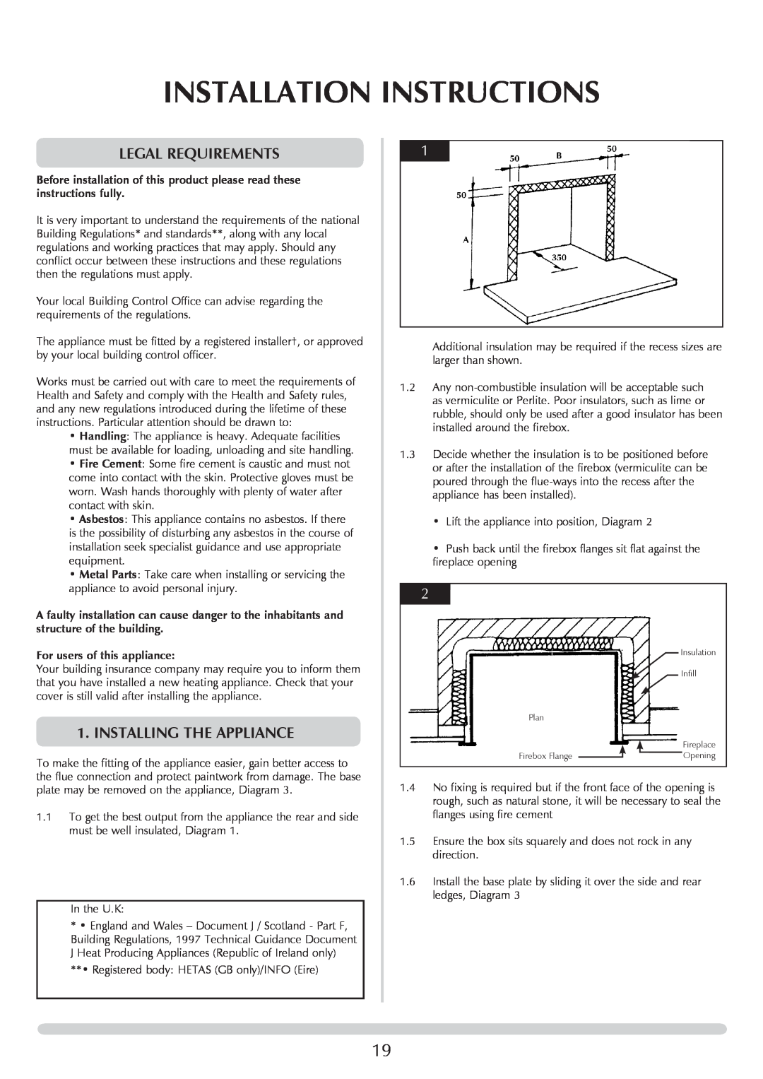 Stovax Open Log Burning Convector Fireboxes manual Installation Instructions, Legal requirements, Installing the Appliance 