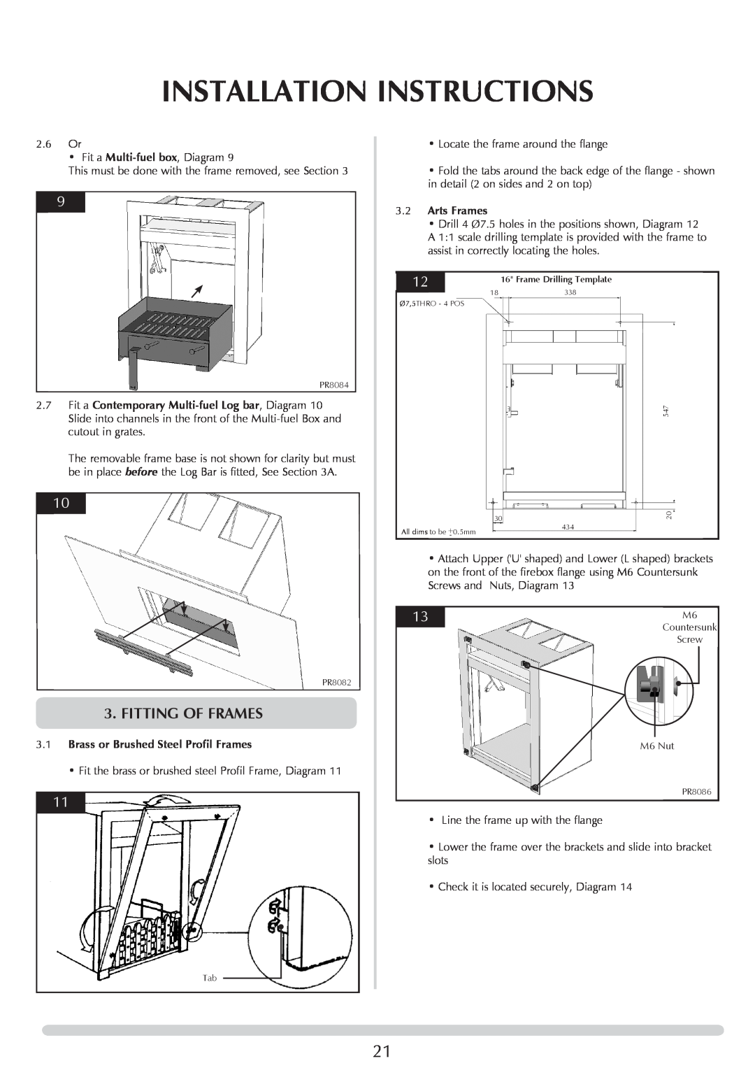 Stovax Open Log Burning Convector Fireboxes manual Fitting of Frames, 13M6, Installation Instructions 