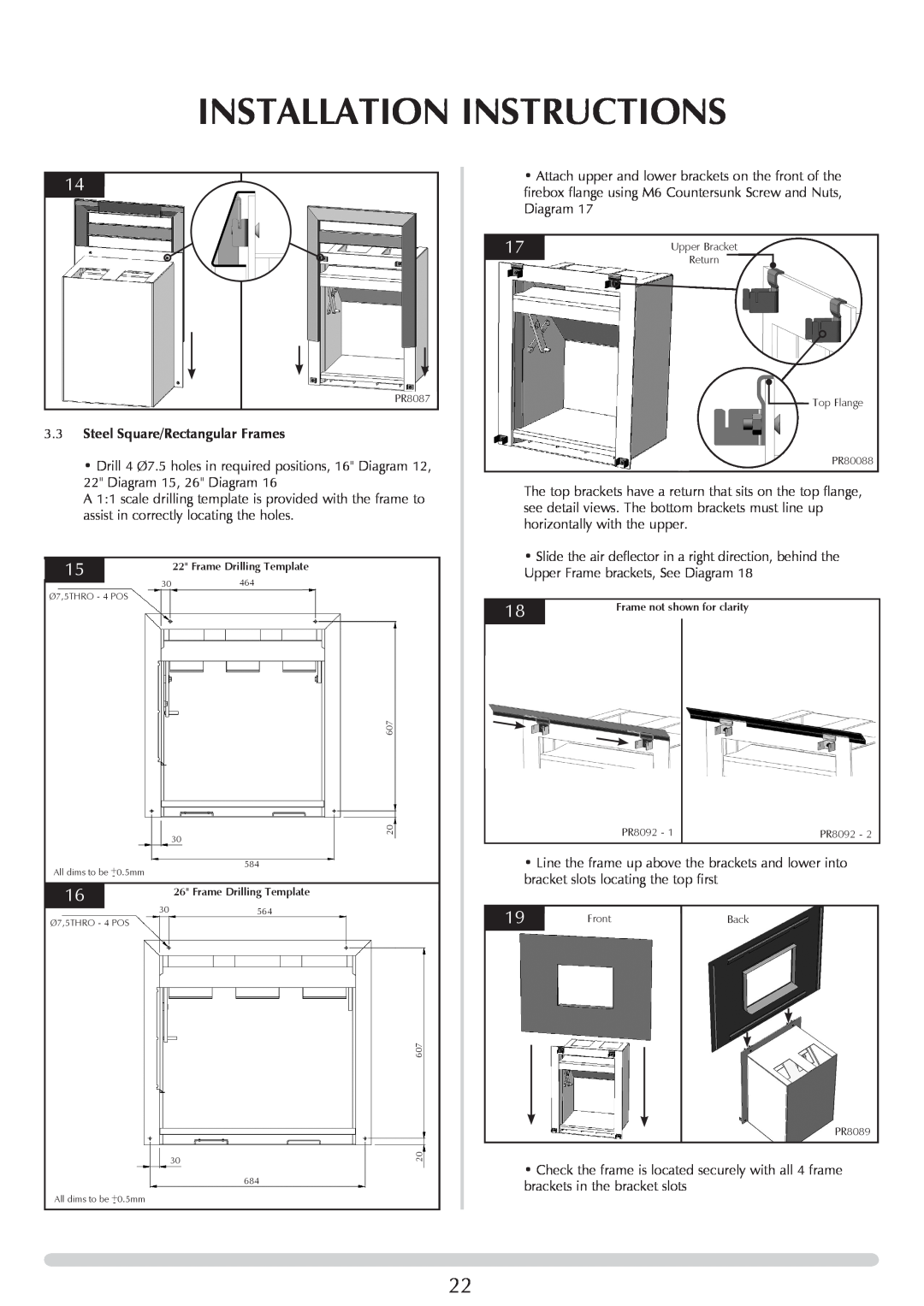 Stovax Open Log Burning Convector Fireboxes manual Installation Instructions, 3.3Steel Square/Rectangular Frames 
