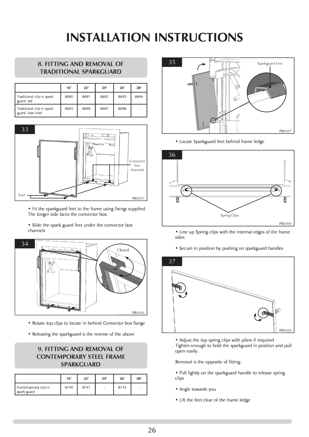 Stovax Open Log Burning Convector Fireboxes manual Fitting and removal of Traditional sparkguard, Installation Instructions 