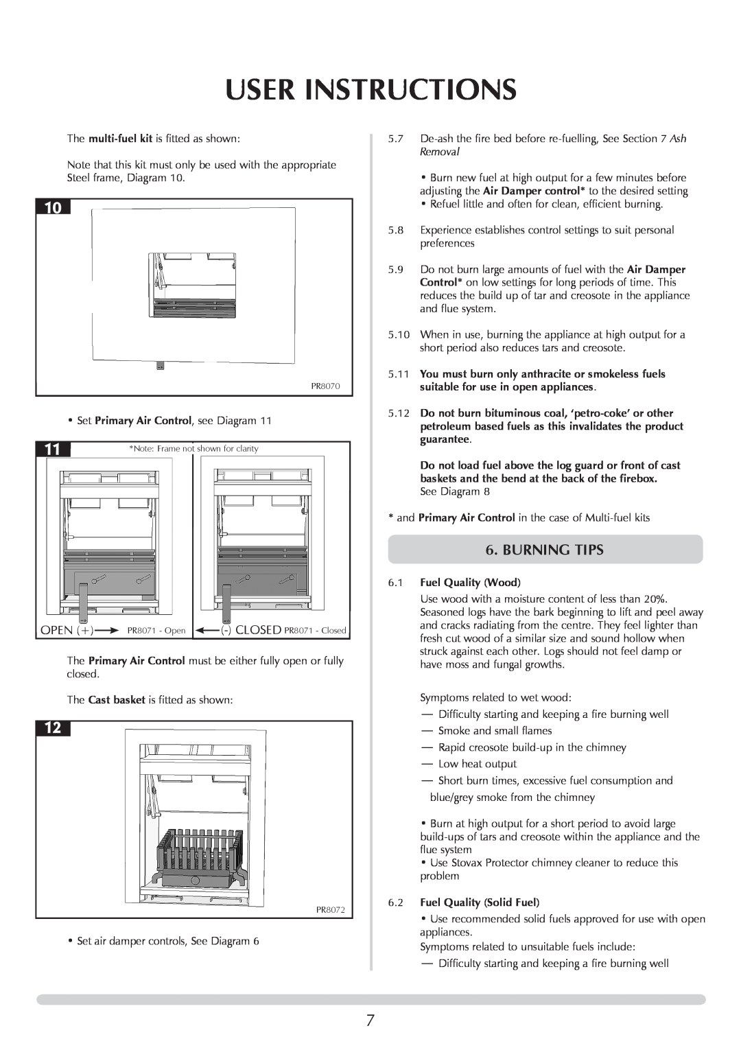 Stovax Open Log Burning Convector Fireboxes manual Burning tips, Open +, User Instructions 