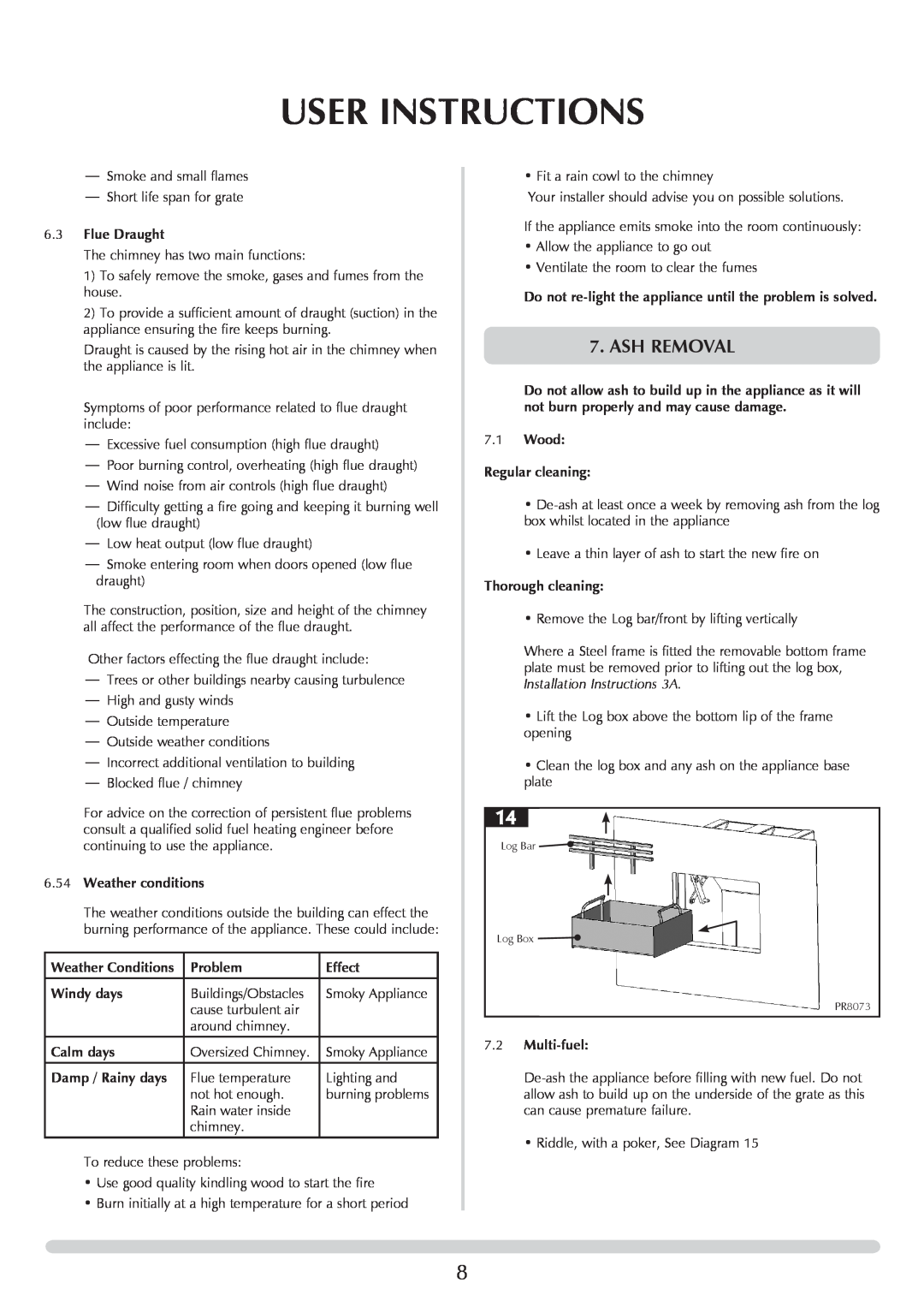 Stovax Open Log Burning Convector Fireboxes manual Ash Removal, User Instructions 