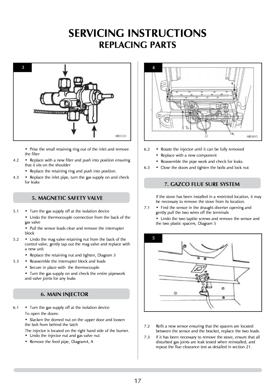 Stovax P8050 Servicing Instructions, Replacing Parts, Magnetic Safety Valve, Main Injector, Gazco Flue Sure System 