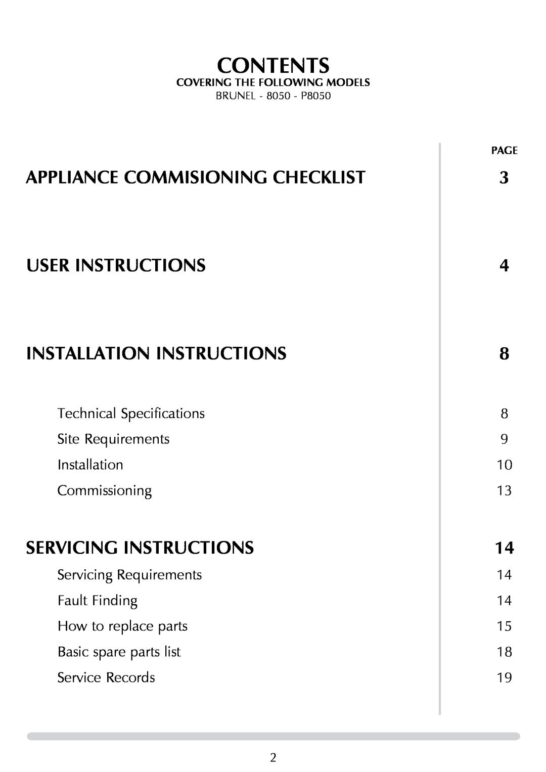 Stovax P8050 Contents, Appliance commisioning checklist, user instructions instaLlation Instructions, Service Records 