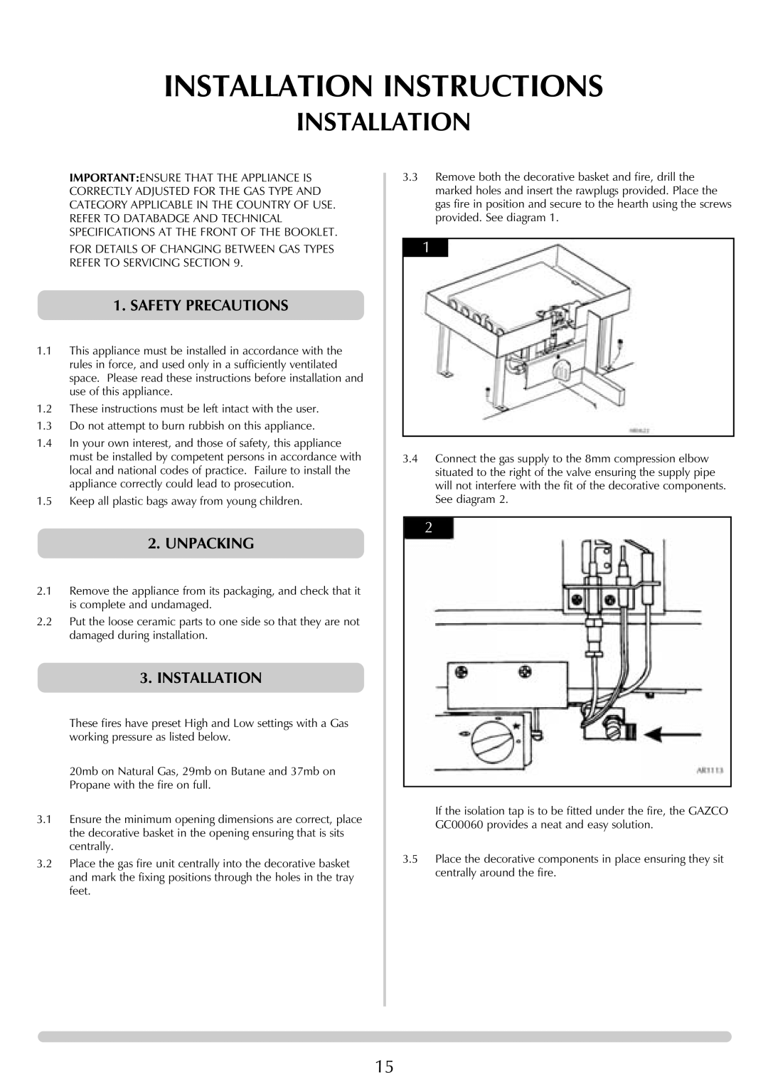 Stovax (P)8127**UC, (P)8120**UC, (P)8136**UC, (P)8144**UC, (P)8143**UC manual Installation, Safety Precautions, Unpacking 