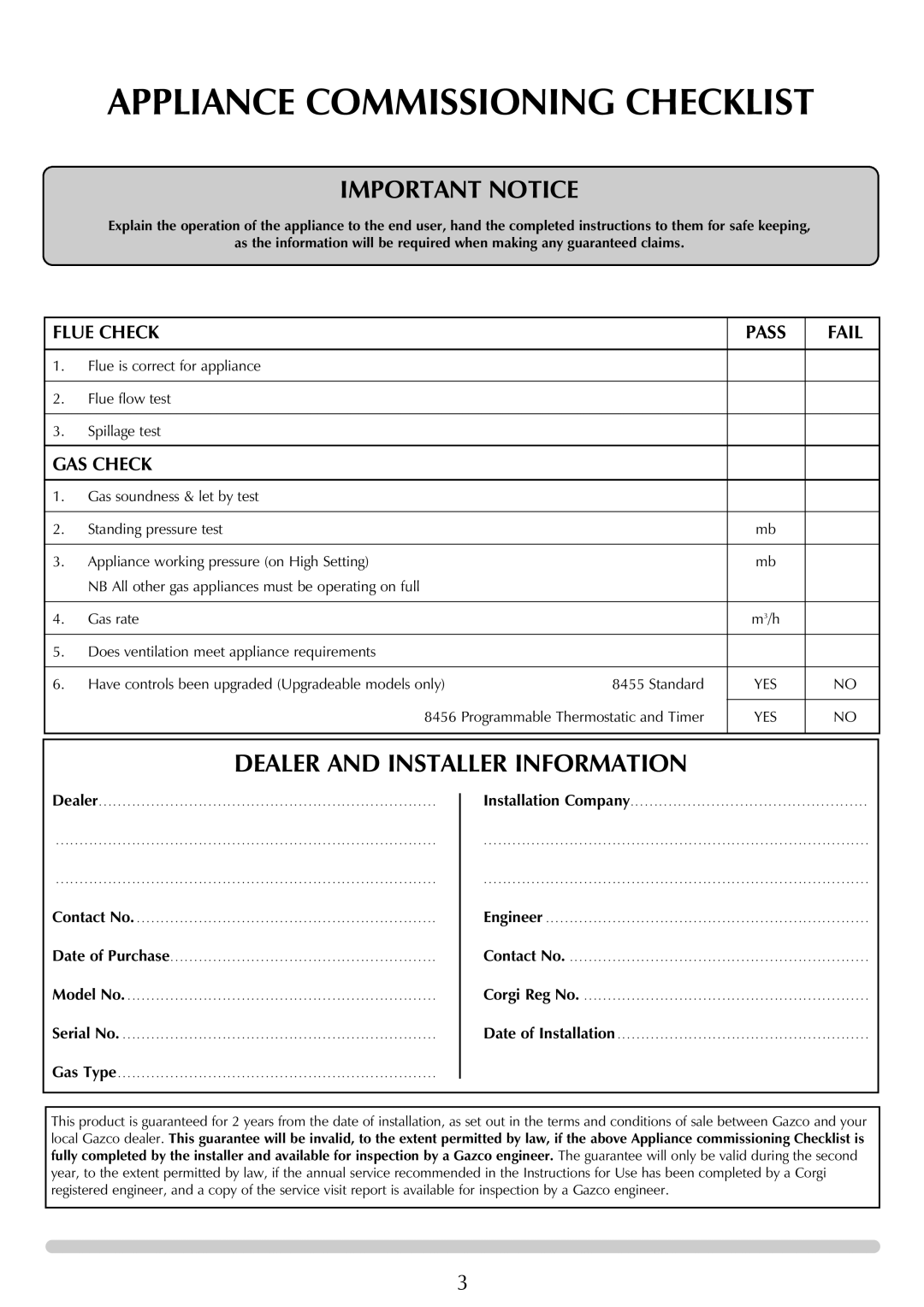 Stovax (P)8143**UC, (P)8120**UC, (P)8136**UC, (P)8144**UC Appliance Commissioning Checklist, Flue Check Pass Fail, GAS Check 