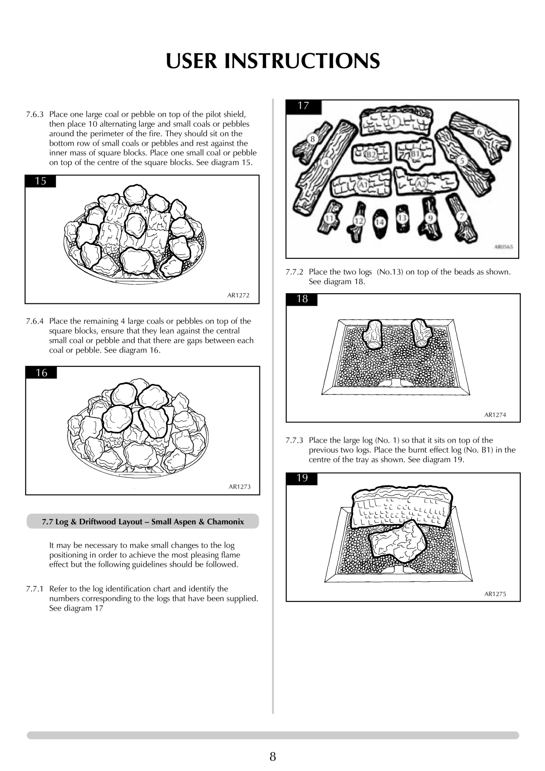 Stovax (P)8120**UC, (P)8136**UC, (P)8144**UC, (P)8143**UC, (P)8135**UC manual Log & Driftwood Layout Small Aspen & Chamonix 