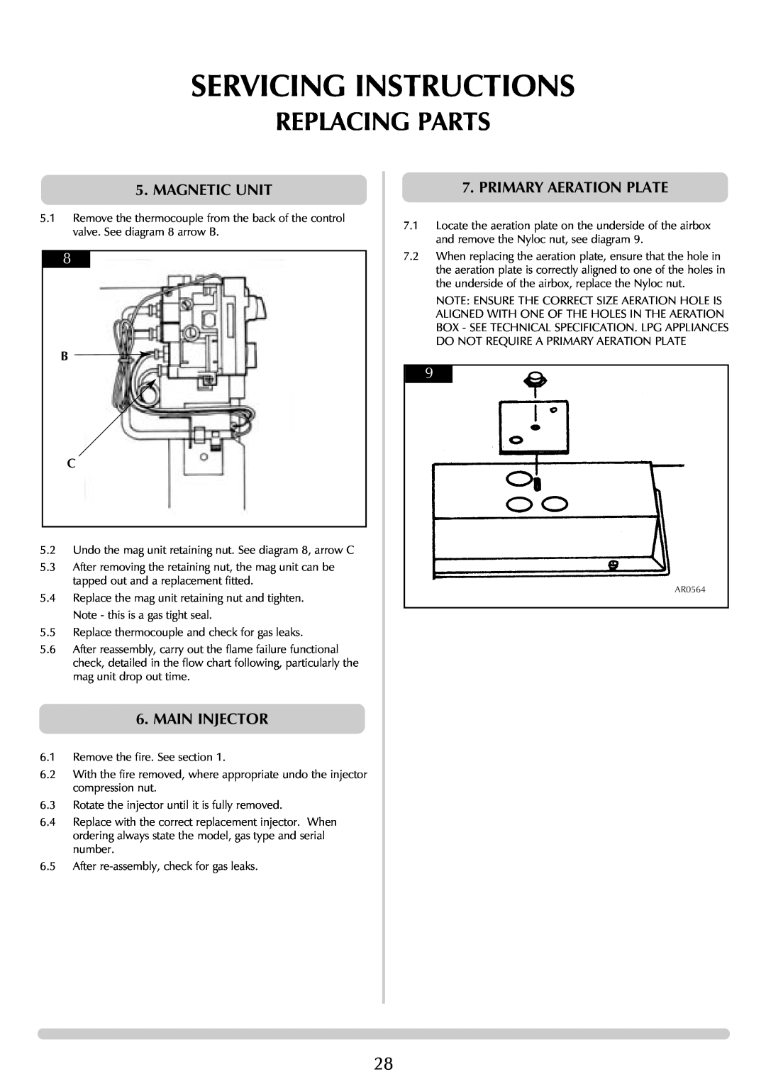 Stovax (P)8135**UC manual Servicing Instructions, Replacing Parts, Magnetic Unit, Main Injector, Primary Aeration Plate 
