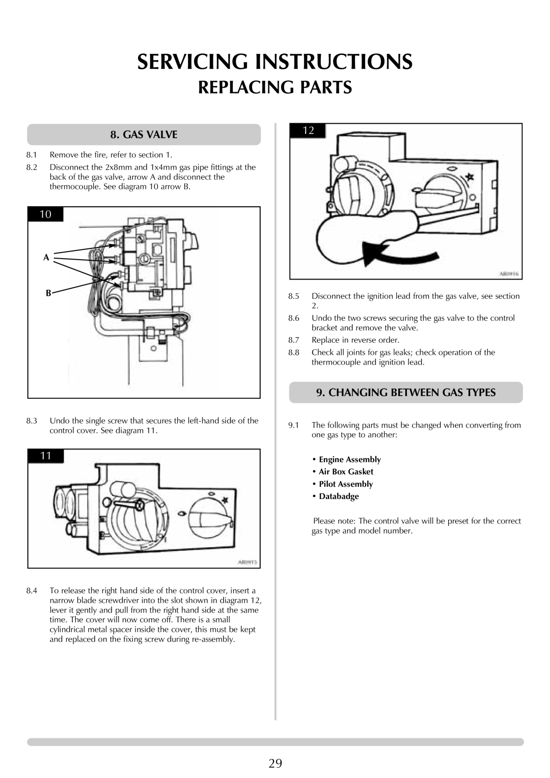 Stovax (P)8135, (P)8143, (P)8119, (P)8127, (P)8136, (P)8144, (P)8120, (P)8128 manual GAS Valve, Changing Between GAS Types 