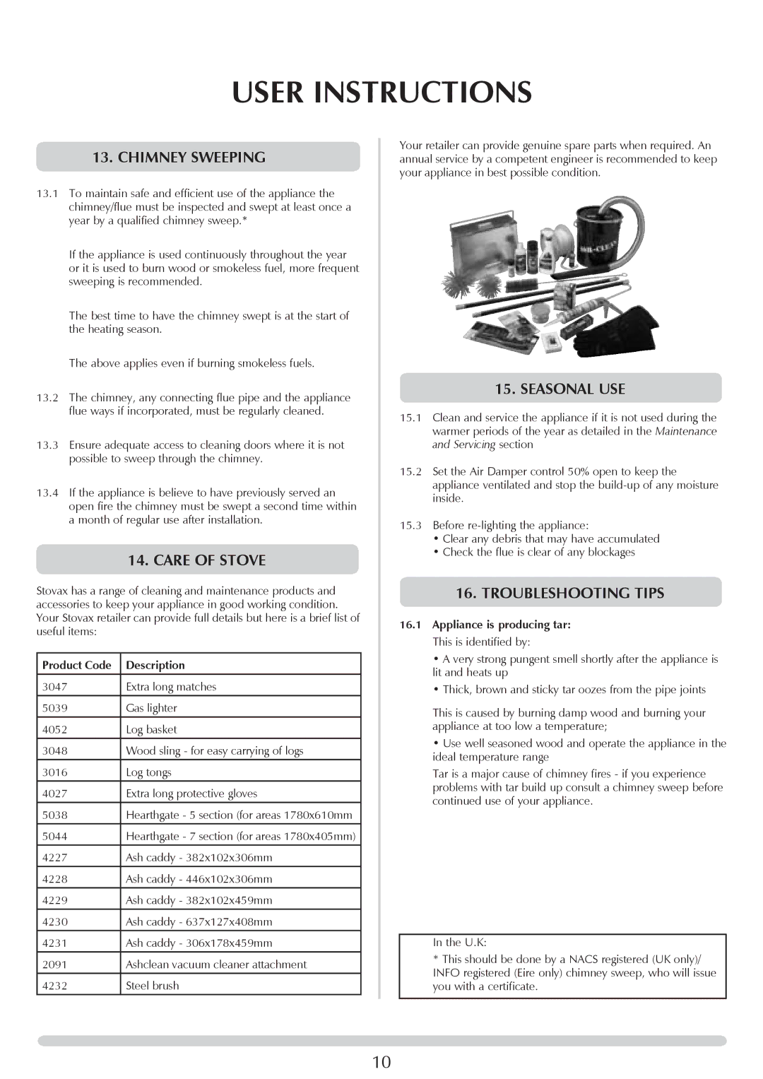 Stovax PM219 manual Chimney Sweeping, Care of stove, Seasonal use, Troubleshooting tips 