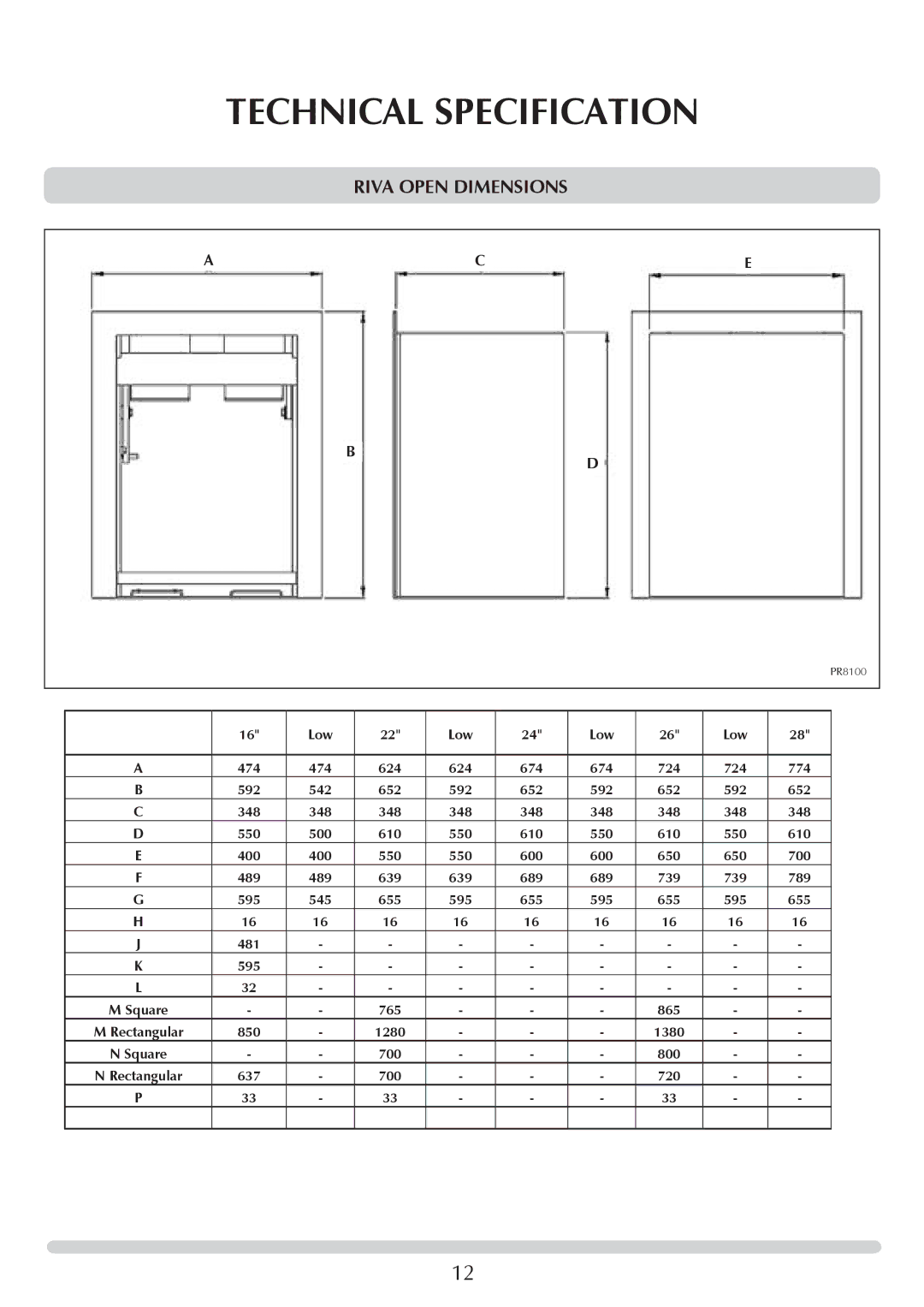 Stovax PM219 manual Riva Open Dimensions, Low 