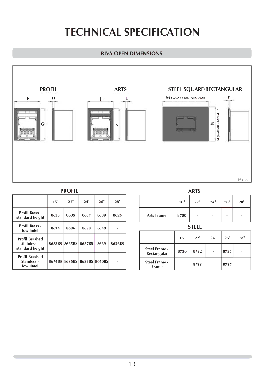 Stovax PM219 manual Riva Open Dimensions Profil Arts, Steel, 8700 