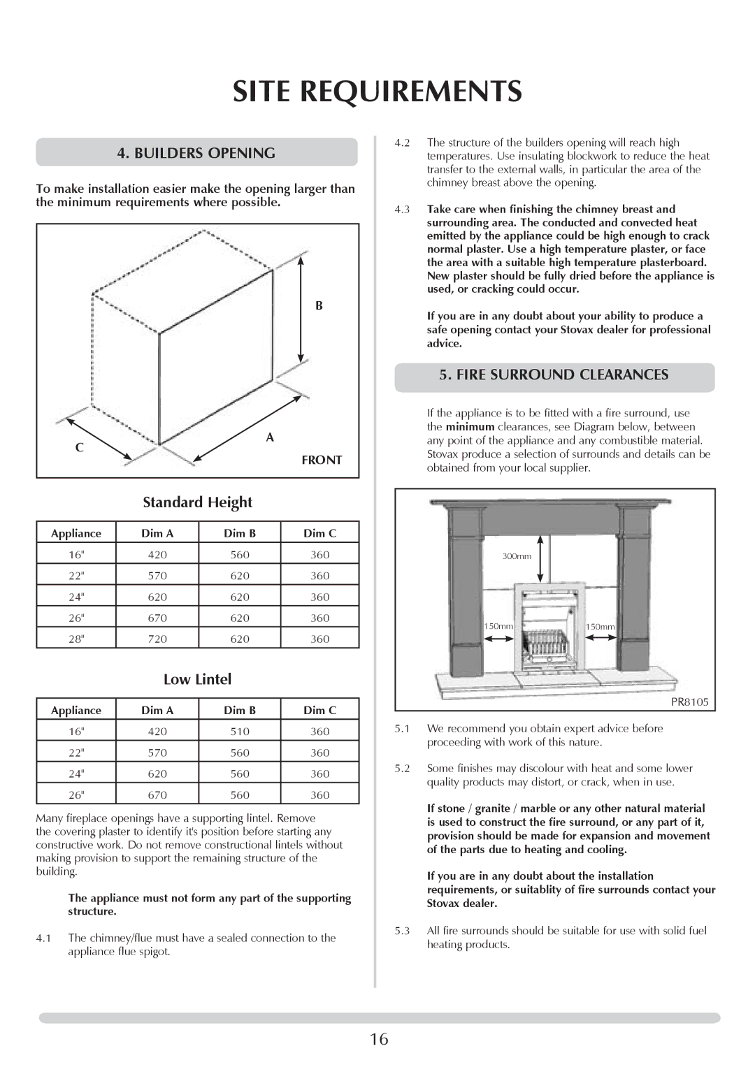 Stovax PM219 manual Builders opening, Standard Height, Low Lintel, Fire surround clearances, Appliance Dim a Dim B Dim C 