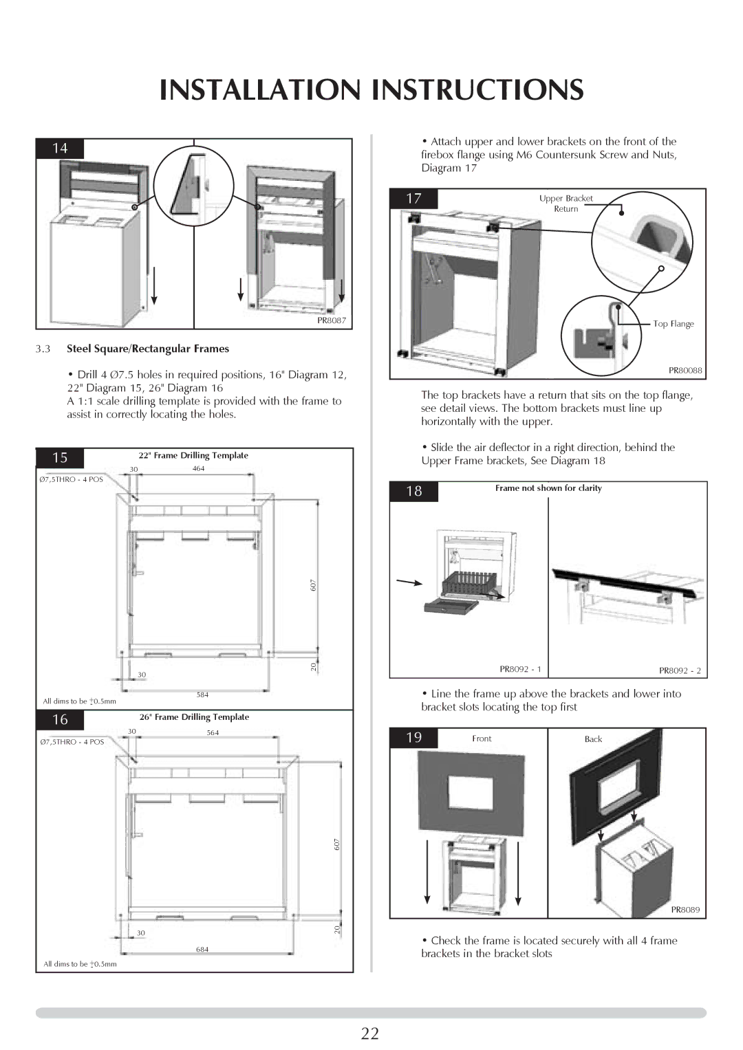 Stovax PM219 manual Steel Square/Rectangular Frames 