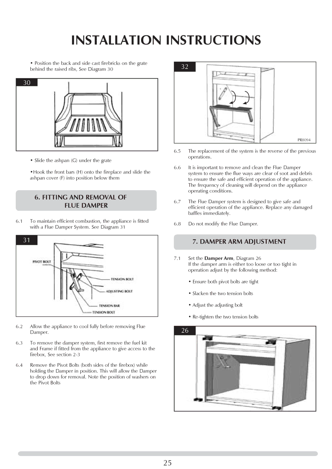 Stovax PM219 manual Fitting and Removal of Flue Damper, Damper arm adjustment 