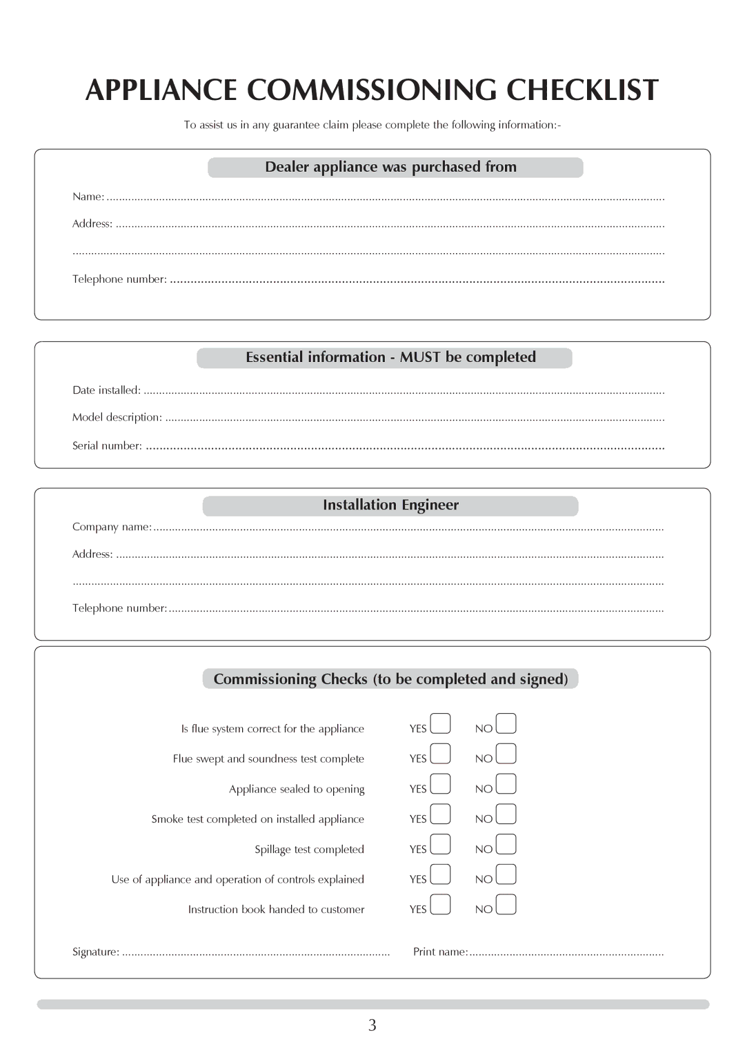 Stovax PM219 manual Appliance Commissioning Checklist, Dealer appliance was purchased from, Installation Engineer 