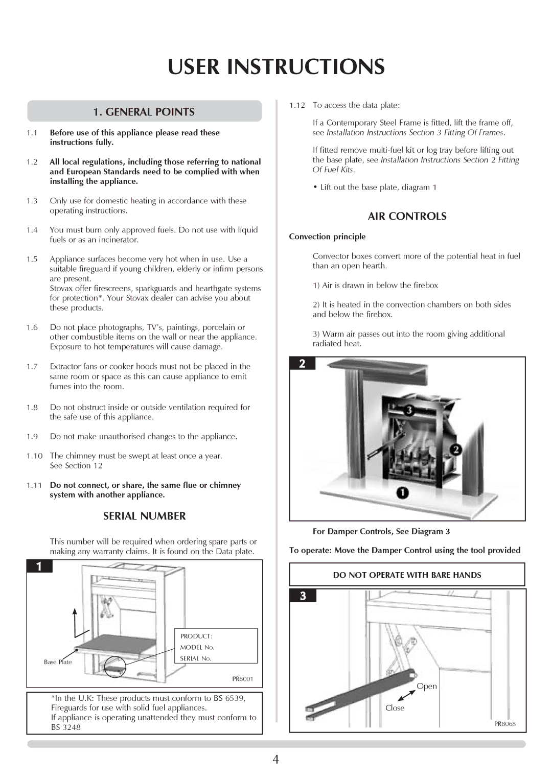 Stovax PM219 manual User Instructions, General Points, Serial Number, AIR Controls, Convection principle 