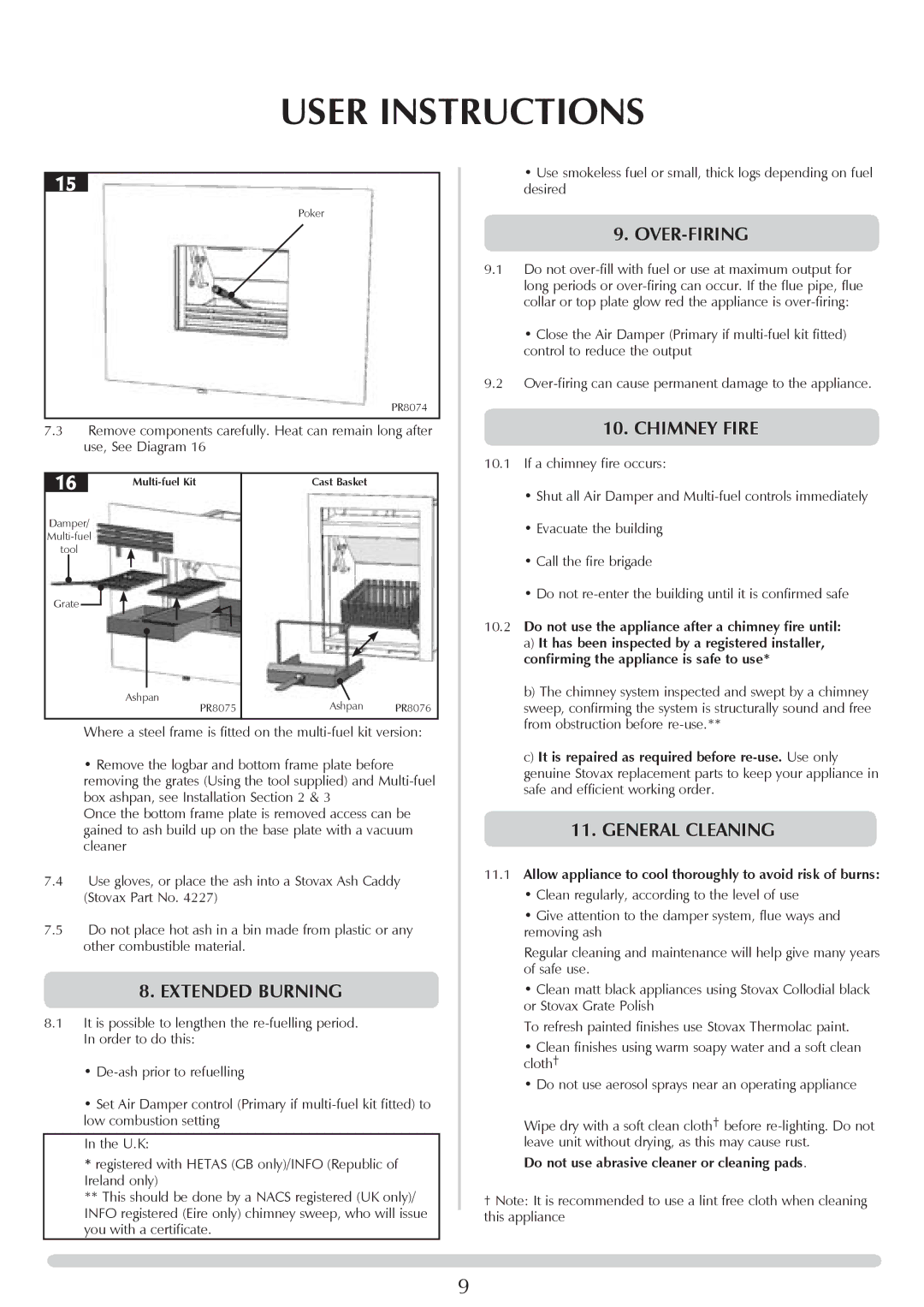 Stovax PM219 manual Over-Firing, Chimney fire, Extended burning, General Cleaning 