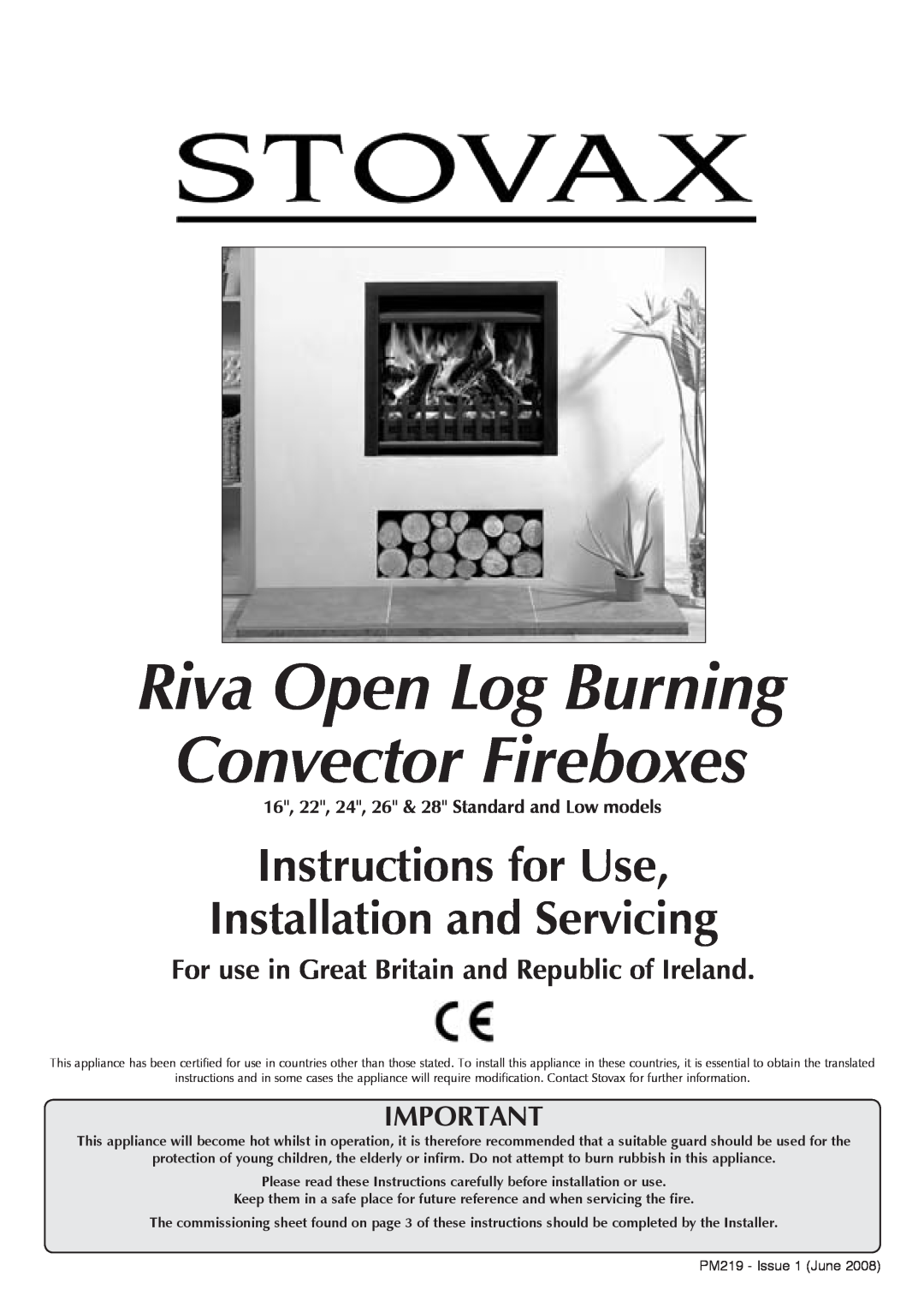 Stovax PM219 manual 16, 22, 24, 26 & 28 Standard and Low models, Riva Open Log Burning Convector Fireboxes 
