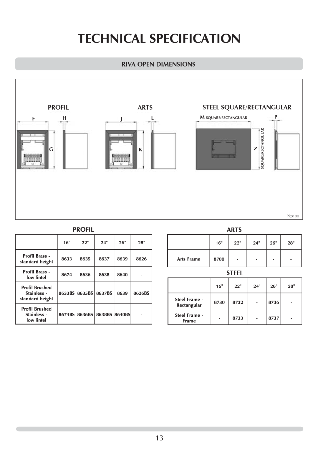 Stovax PM219 manual Profil, Arts, sTEEL, Steel Square/Rectangular, Technical Specification, Riva Open Dimensions 