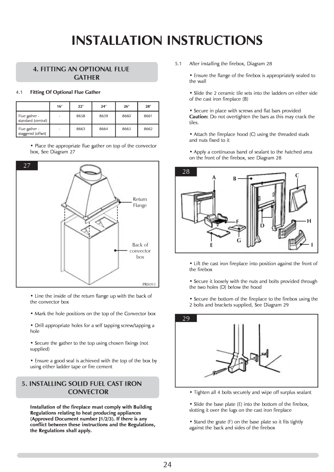 Stovax PM219 manual Fitting an optional flue Gather, Installing Solid fuel cast iron Convector, Installation Instructions 