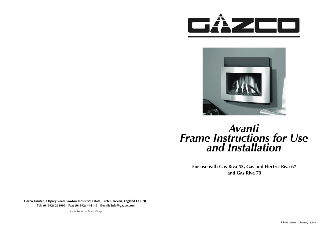 Stovax PR0651 manual Avanti Frame Instructions for Use, and Installation, For use with Gas Riva 53, Gas and Electric Riva 