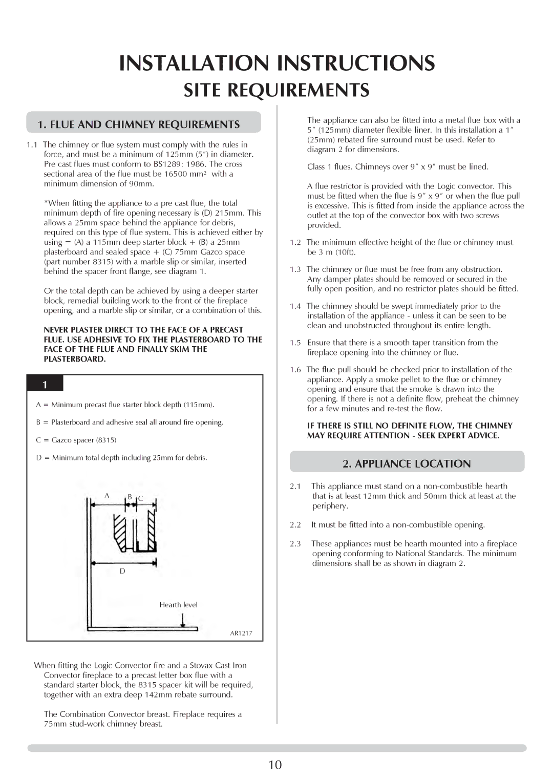 Stovax PR0696 manual Site Requirements, Flue and Chimney Requirements, Appliance Location 